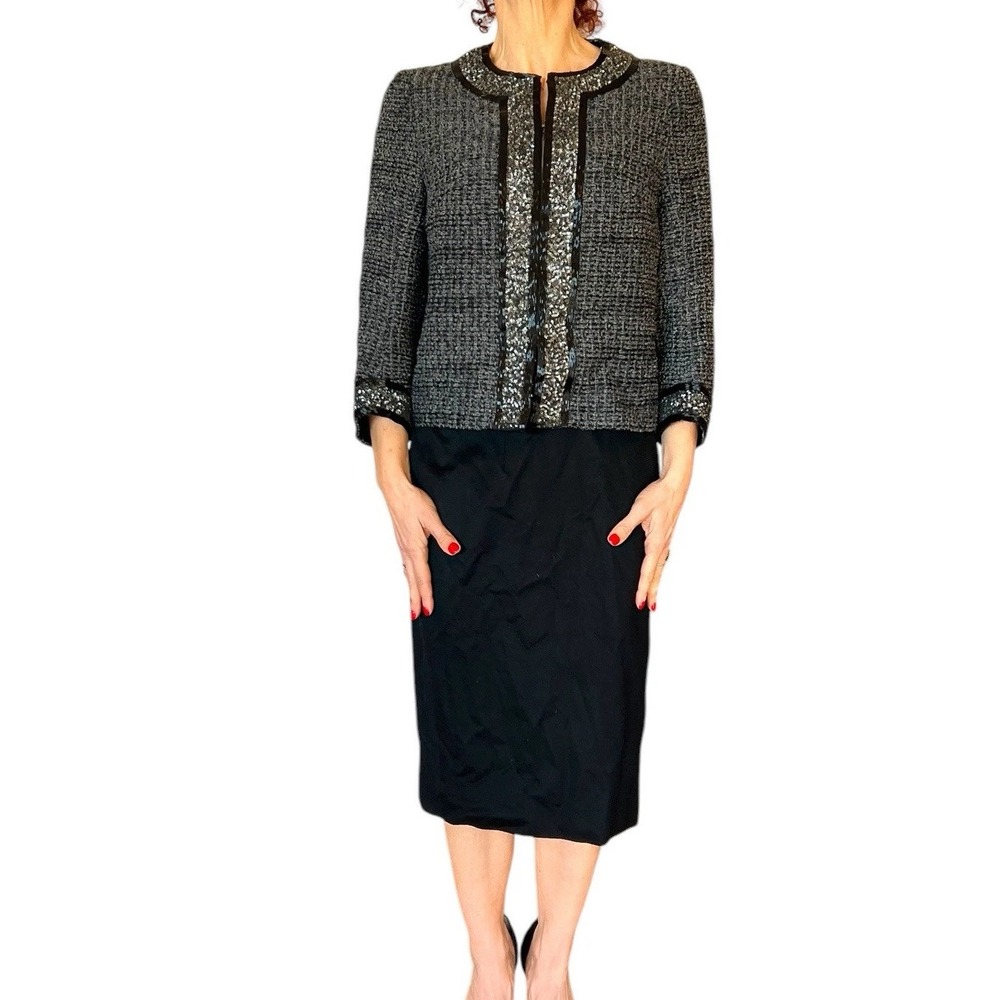ANDREW GN FRANCE 2 PIECE WOOL BEADED BLACK TWEED JACKET SKIRT SUIT SET 40 US 8